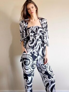 Vintage 90s Black & White Swirl Strapless Jumpsuit with Matching Jacket